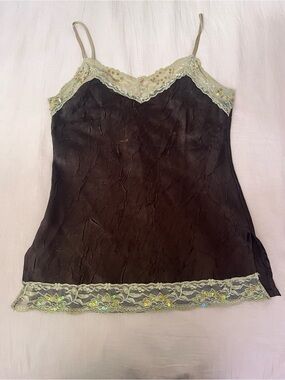 No Boundaries Fairy Brown Beaded Satin Cami with Lace Trim